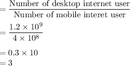 =\dfrac{\text{Number of desktop internet user}}{\text{Number of mobile interet user}}\\\\=\dfrac{1.2\times 10^9}{4\times 10^8}\\\\=0.3\times 10\\=3