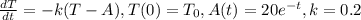\frac{dT}{dt}=-k(T-A), T(0)=T_0, A(t) = 20e^{-t}, k=0.2