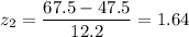 z_2=\dfrac{67.5-47.5}{12.2}=1.64