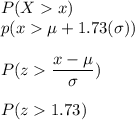 P(X x)\\p(x\mu + 1.73(\sigma))\\\\P(z\dfrac{x-\mu}{\sigma})\\\\P(z1.73)