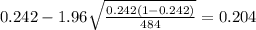 0.242 - 1.96 \sqrt{\frac{0.242(1-0.242)}{484}}=0.204