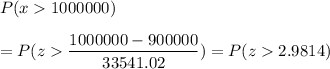 P( x  1000000) \\\\= P( z  \displaystyle\frac{1000000 - 900000}{33541.02}) = P(z 2.9814)