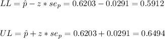 LL=\hat p - z*se_p=0.6203-0.0291=0.5912\\\\\\UL=\hat p + z*se_p=0.6203+0.0291=0.6494