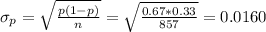 \sigma_p=\sqrt{\frac{p(1-p)}{n}}=\sqrt{\frac{0.67*0.33}{857}}=0.0160