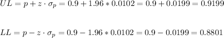 UL=p+z\cdot \sigma_p=0.9+1.96*0.0102=0.9+0.0199=0.9199\\\\\\LL=p-z\cdot \sigma_p=0.9-1.96*0.0102=0.9-0.0199=0.8801
