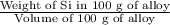 \frac{\text{Weight of Si in 100 g of alloy}}{\text{Volume of 100 g of alloy}}