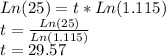 Ln(25)=t*Ln(1.115)\\t=\frac{Ln(25)}{Ln(1.115)}\\t=29.57