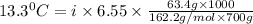 13.3^0C=i\times 6.55\times \frac{63.4g\times 1000}{162.2g/mol\times 700g}