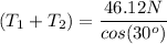 (T_1+T_2)=\dfrac{46.12N }{cos(30^o)}