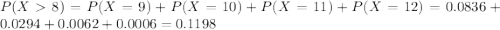 P(X  8) = P(X = 9) + P(X = 10) + P(X = 11) + P(X = 12) = 0.0836 + 0.0294 + 0.0062 + 0.0006 = 0.1198