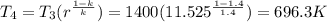 T_4=T_3(r^\frac{1-k}{k})=1400(11.525^\frac{1-1.4}{1.4}) =696.3K