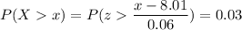 P( X  x) = P( z  \displaystyle\frac{x - 8.01}{0.06})=0.03