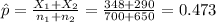 \hat p=\frac{X_{1}+X_{2}}{n_{1}+n_{2}}=\frac{348+290}{700+650}=0.473