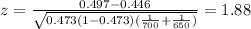 z=\frac{0.497-0.446}{\sqrt{0.473(1-0.473)(\frac{1}{700}+\frac{1}{650})}}=1.88