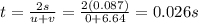 t=\frac{2s}{u+v}=\frac{2(0.087)}{0+6.64}=0.026 s