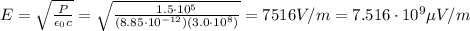 E=\sqrt{\frac{P}{\epsilon_0 c}}=\sqrt{\frac{1.5\cdot 10^5}{(8.85\cdot 10^{-12})(3.0\cdot 10^8)}}=7516 V/m =7.516\cdot 10^9 \mu V/m