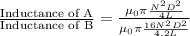 \frac {\textrm{Inductance of A}}{\textrm{Inductance of B}}=\frac{\mu_0\pi\frac{N^2D^2}{4L}}{\mu_0\pi\frac{16 N^2D^2}{4.2L}}