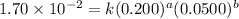 1.70\times 10^{-2}=k(0.200)^a(0.0500)^b