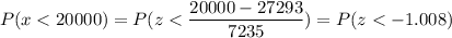 P( x < 20000) = P( z < \displaystyle\frac{20000 - 27293}{7235}) = P(z < -1.008)