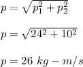 p=\sqrt{p_1^2+p_2^2} \\\\p=\sqrt{24^2+10^2} \\\\p=26\ kg-m/s