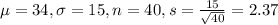 \mu = 34, \sigma = 15, n = 40, s = \frac{15}{\sqrt{40}} = 2.37