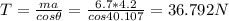 T=\frac{ma}{cos\theta } =\frac{6.7*4.2}{cos40.107} =36.792N