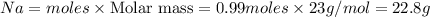 Na=moles\times {\text {Molar mass}}=0.99moles\times 23g/mol=22.8g