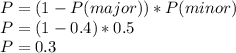 P=(1-P(major))*P(minor)\\P=(1-0.4)*0.5\\P=0.3