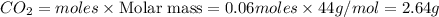 CO_2=moles\times {\text {Molar mass}}=0.06moles\times 44g/mol=2.64g