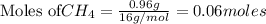 \text{Moles of} CH_4=\frac{0.96g}{16g/mol}=0.06moles