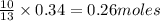 \frac{10}{13}\times 0.34=0.26moles