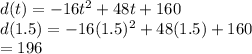 d(t)=-16t^2+48t+160\\d(1.5)=-16(1.5)^2+48(1.5)+160\\=196