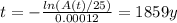 t = -\frac{ln(A(t)/25)}{0.00012}=1859 y