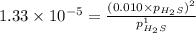 1.33\times 10^{-5}=\frac{(0.010\times p_{H_2S})^2}{p_{H_2S}^1}