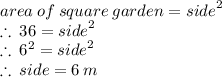 area \: of \: square \: garden =  {side}^{2}  \\  \therefore \: 36 = {side}^{2}  \\  \therefore \:  {6}^{2} = {side}^{2}  \\  \therefore \: side = 6 \: m