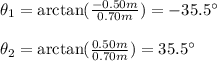 \theta_1=\arctan(\frac{-0.50m}{0.70m})=-35.5\°\\\\\theta_2=\arctan(\frac{0.50m}{0.70m})=35.5\°
