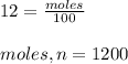 12 = \frac{moles}{100}\\ \\moles, n = 1200