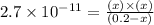 2.7\times 10^{-11}=\frac{(x)\times (x)}{(0.2-x)}