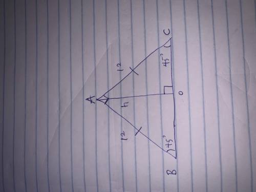 A base angle of an isosceles triangle measures 45 degrees and the length of one of the legs is 12. W
