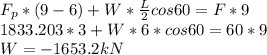 F_{p} *(9-6)+W*\frac{L}{2} cos60=F*9\\1833.203*3+W*6*cos60=60*9\\W=-1653.2kN