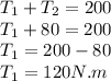 T_1 +T_2 = 200\\T_1 + 80 = 200\\T_1 = 200 - 80\\T_1 = 120 N.m