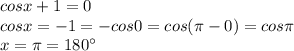 cos x+1=0\\cos x=-1=-cos0=cos(\pi -0)=cos \pi \\x=\pi =180^\circ