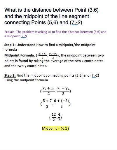 What is the distance between point (3,6) and the midpoint of the line segment connecting points (5,6