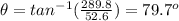 \theta=tan^{-1}(\frac{289.8}{52.6})=79.7^o