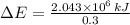 \Delta E = \frac{2.043\times 10^{6}\,kJ}{0.3}