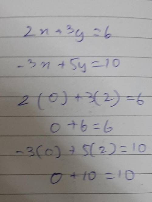 Which ordered pair is a solution to the system of linear equations? 2x + 3y= 6 –3x + 5y = 10 (0,2) (