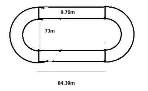 The field inside a running track is made up of rectangles that is 84.39 meters long and 73 M wide to