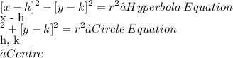 \displaystyle [x - h]^2 - [y - k]^2 = r^2 → Hyperbola\:Equation \\ [x - h]^2 + [y - k]^2 = r^2 → Circle\:Equation \\ [h, k] → Centre