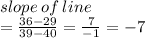 slope \: of \: line \\  =  \frac{36 - 29}{39 - 40}  =  \frac{7}{ - 1}  =  - 7 \\