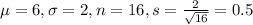\mu = 6, \sigma = 2, n = 16, s = \frac{2}{\sqrt{16}} = 0.5